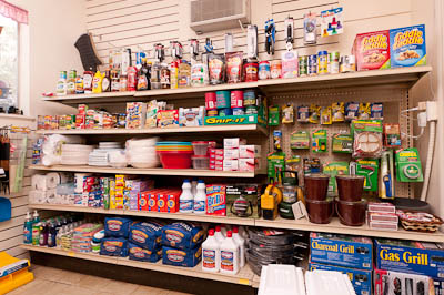 Shelves of groceries and RV supplies in the park store